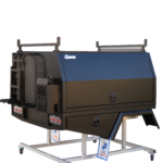 Chivalry black aluminum canopy with 2 doors, integrated LED lights, and ladder rack for utility and storage