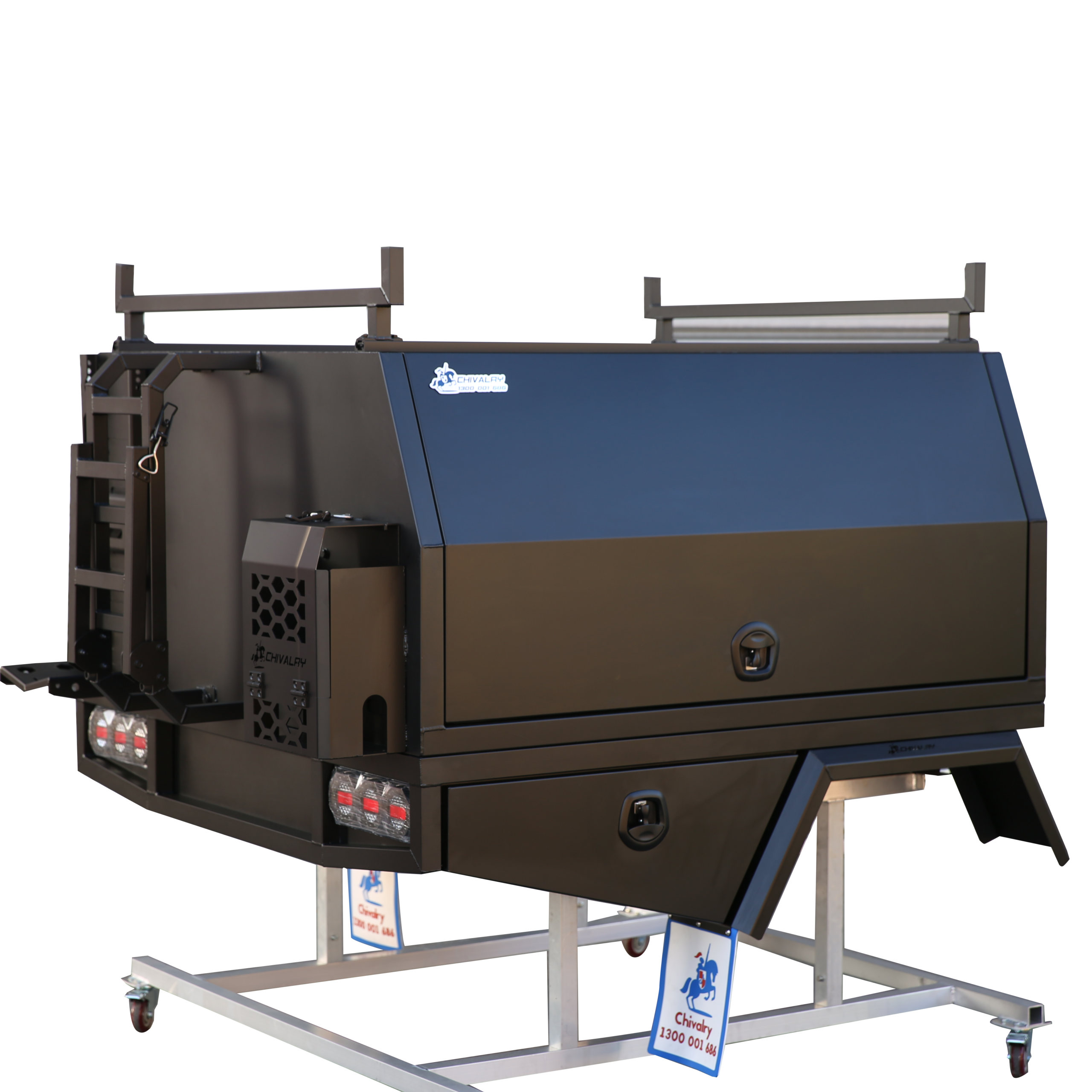 Chivalry black aluminum canopy with 2 doors, integrated LED lights, and ladder rack for utility and storage