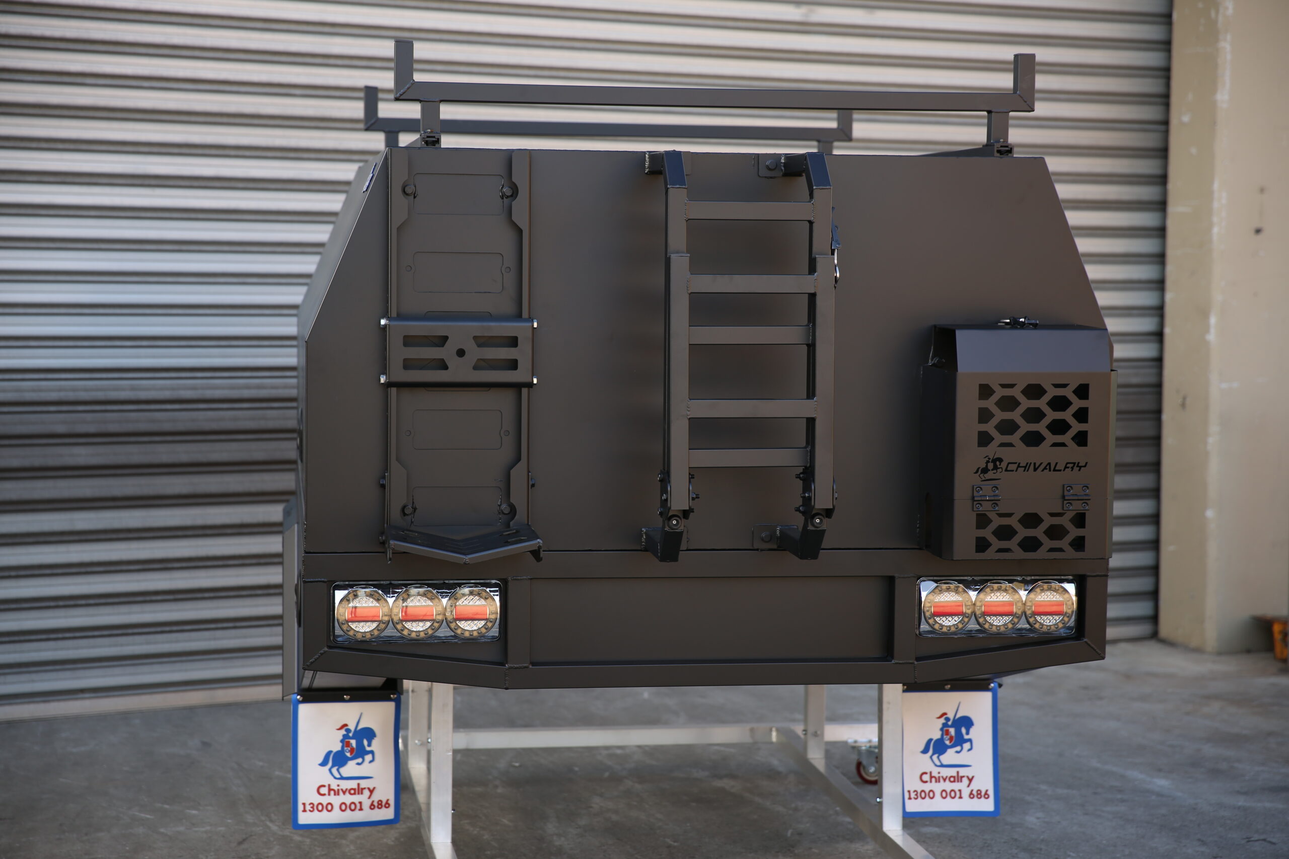 Black aluminium UTE canopy with rear ladder rack and spare wheel holder