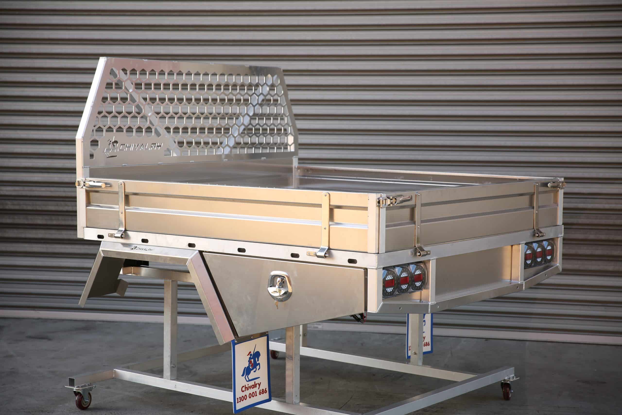 Silver aluminium UTE tray with LED tail lights and side panels
