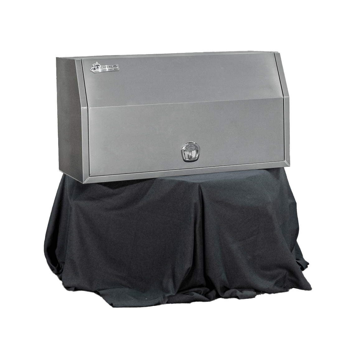 Closed aluminium canopy displayed on stand with black cover