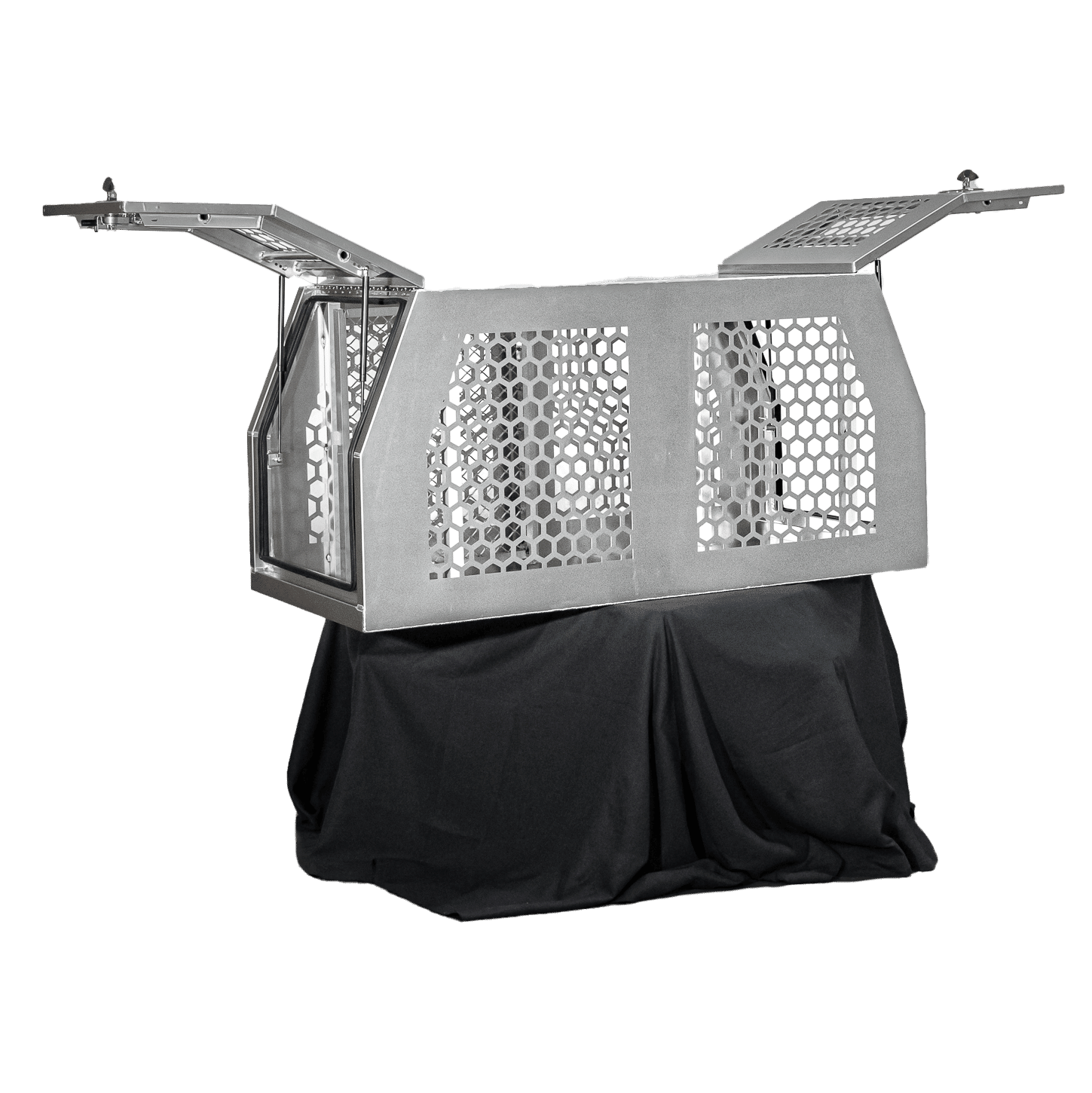 Aluminium dog box with dual gas strut lids, side ventilation panels, and a central divider for secure dog transport