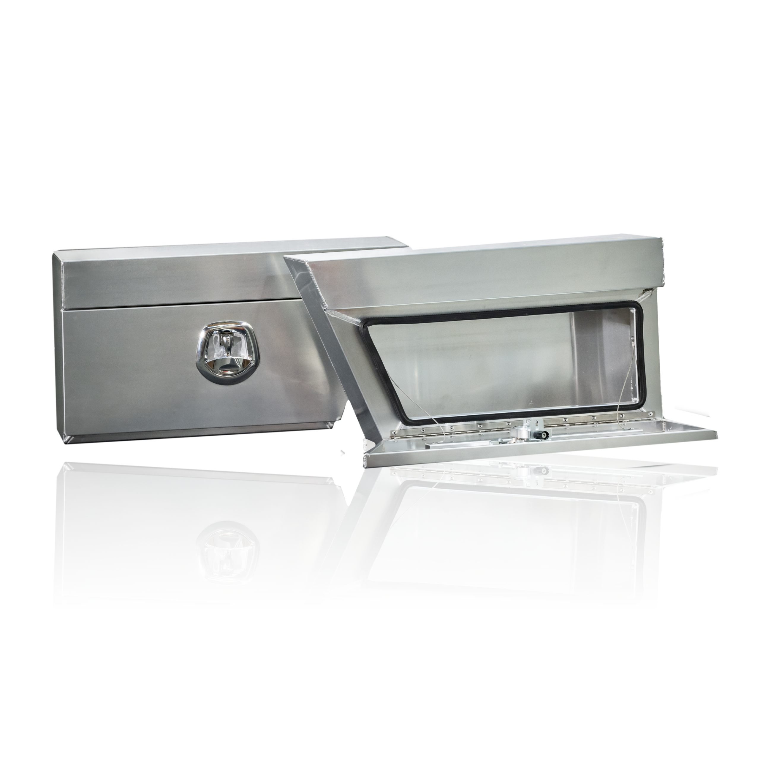Lockable under-tray boxes with stainless steel piano hinge