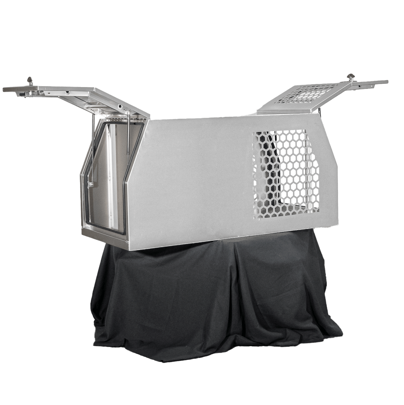 Half dog box, half canopy setup made from aluminium with gas strut lids and side vents