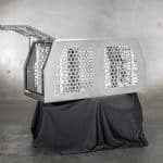 Aluminium dog box with dual ventilation panels and lift-up doors