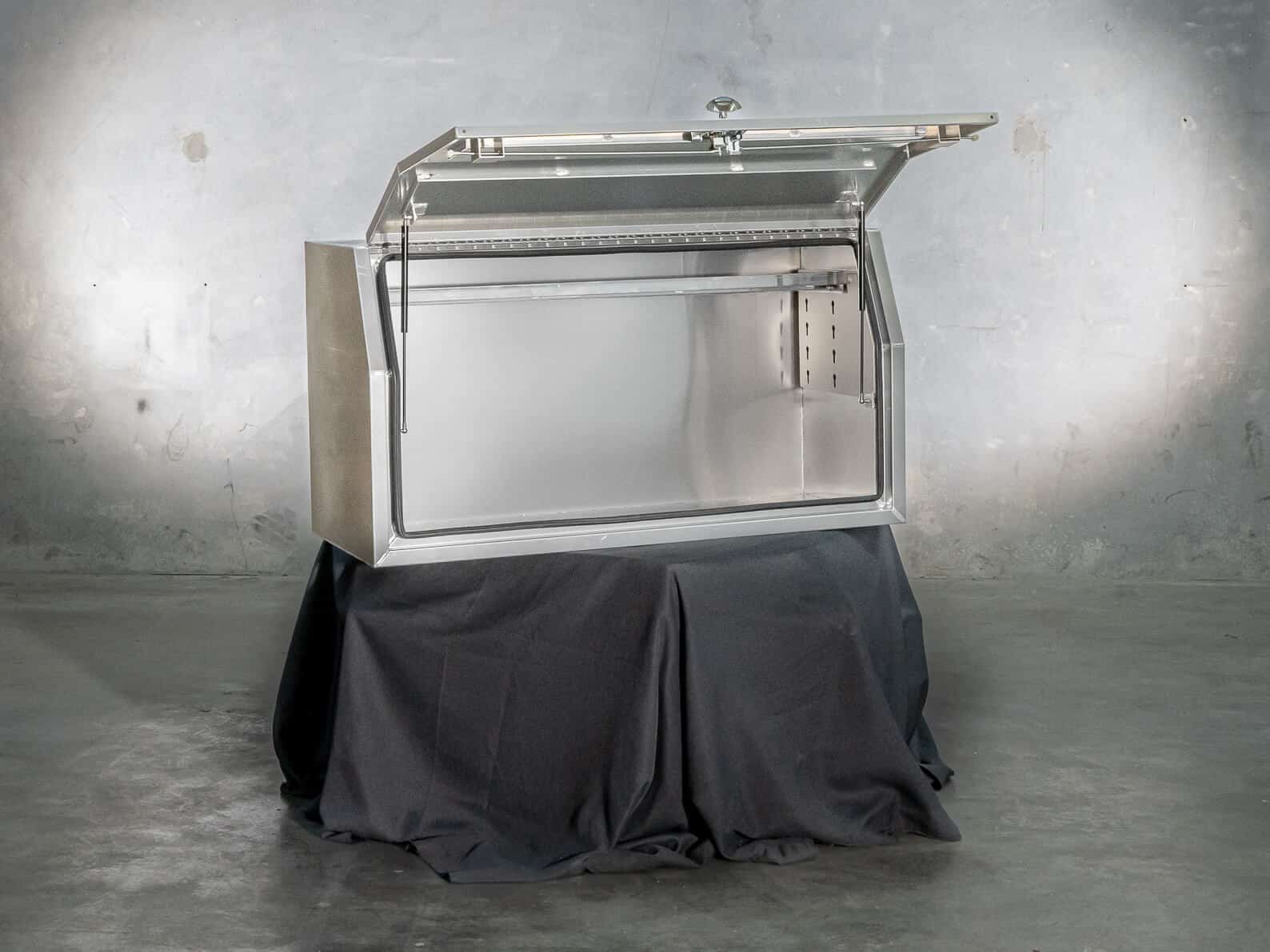 Aluminium UTE canopy with door open showing interior layout