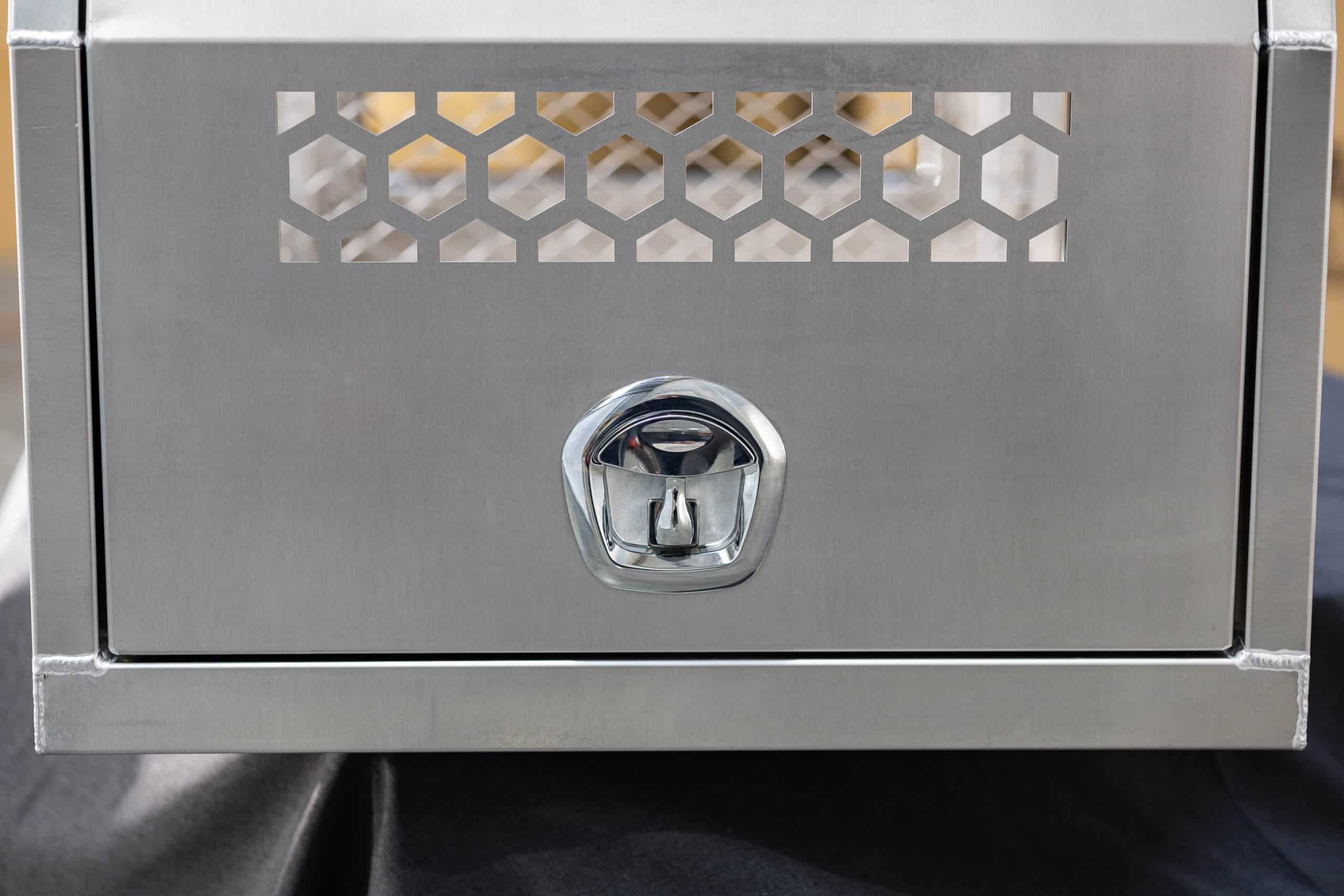 Stainless steel whale tail compression locks used for secure, weather-sealed canopy door locking