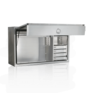 Chivalry aluminum truck toolbox with a drawer set, featuring a side-opening door and internal shelving for efficient storage and organisation
