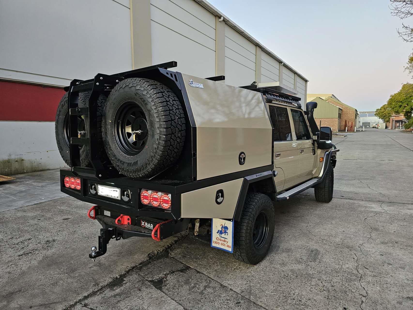 Rear of the complete UTE canopy setup featuring wheel holder and heavy duty tray