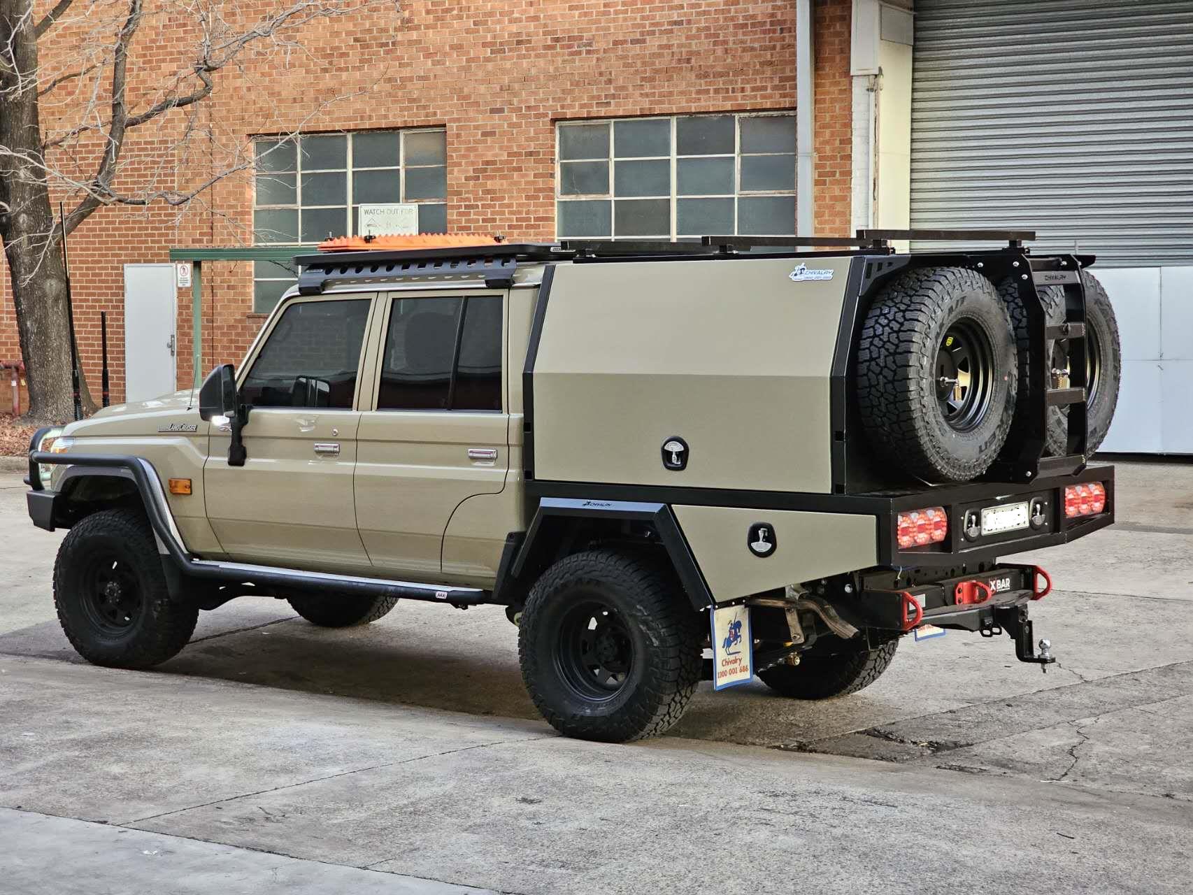 Aluminium UTE canopy combo with roof racks, spare mounts, and LED lights