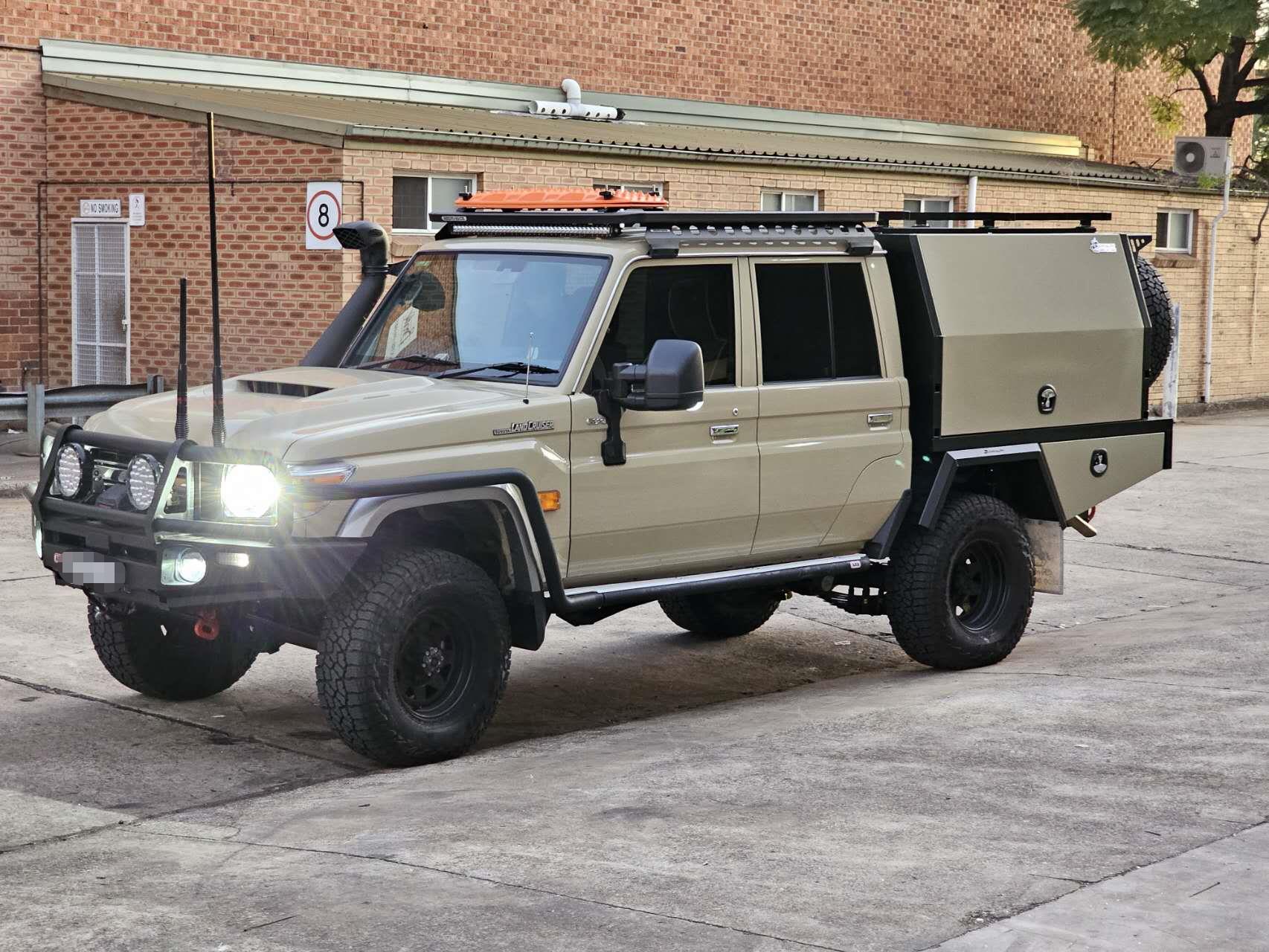 The X3 LC79 Combo Full Selections from Oz Chivalry delivers a complete tray and canopy package with roof racks, LED lighting, and rear dual spare mounts