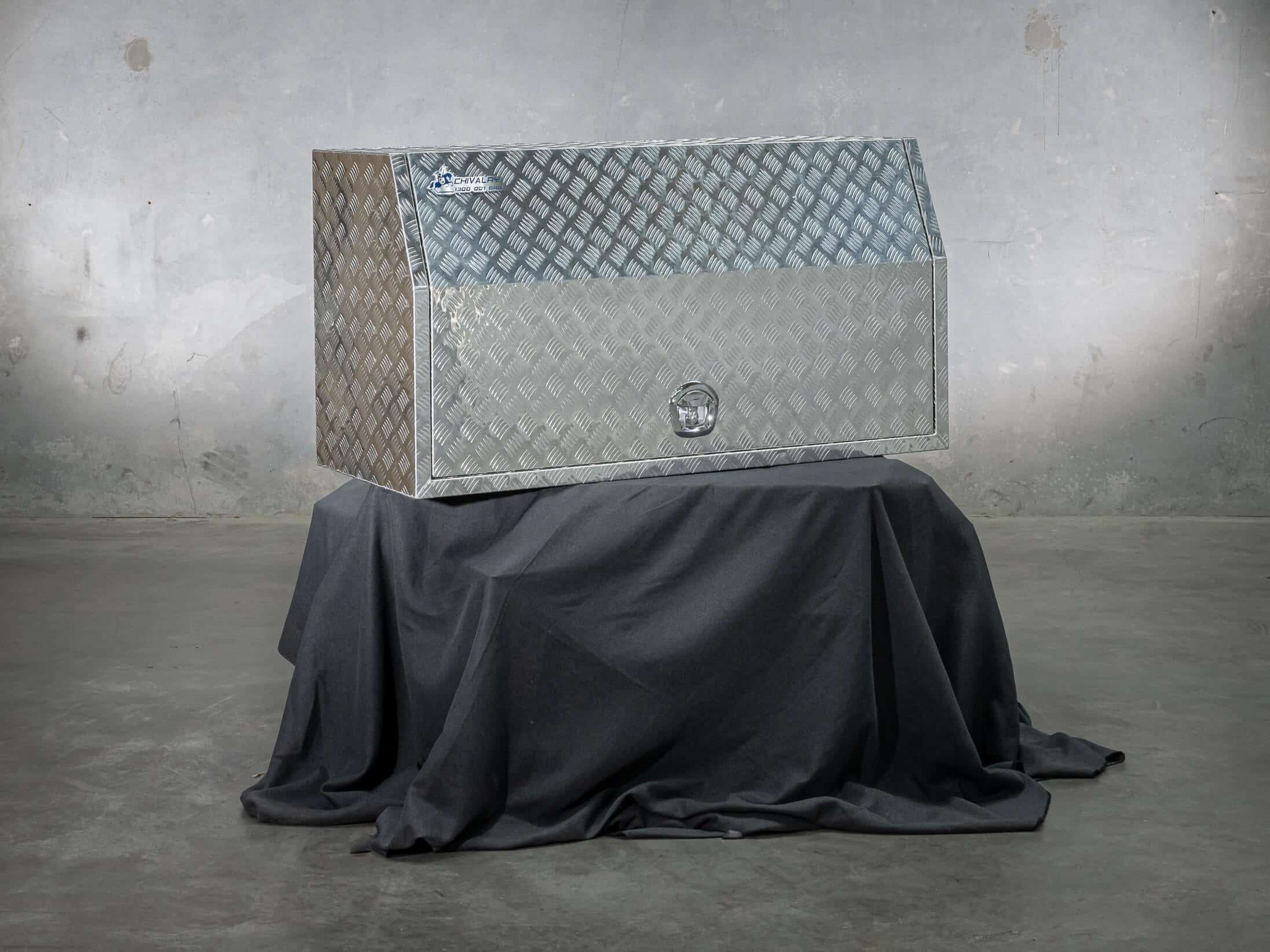 Aluminium UTE canopy toolbox with checker plate finish and open top door
