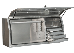 L&G Chivalry aluminium toolbox, likely designed for a UTE, truck, or trailer, featuring a full side opening and internal drawers for organ