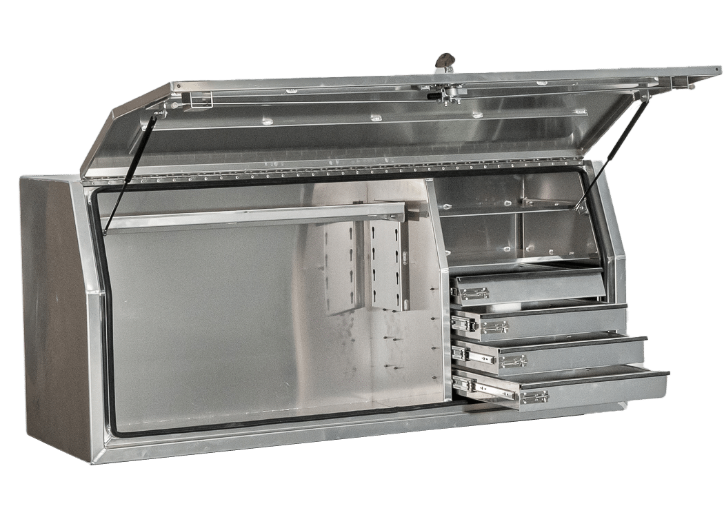 L&G Chivalry aluminium toolbox, likely designed for a UTE, truck, or trailer, featuring a full side opening and internal drawers for organ