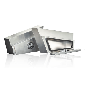 Chivalry aluminum tapered under tray boxes with lockable lids, designed for secure and compact storage