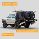 UTE canopy setup features whale tail locks, gas strut doors, and a unistrut floor for secure, smooth, and flexible storage access