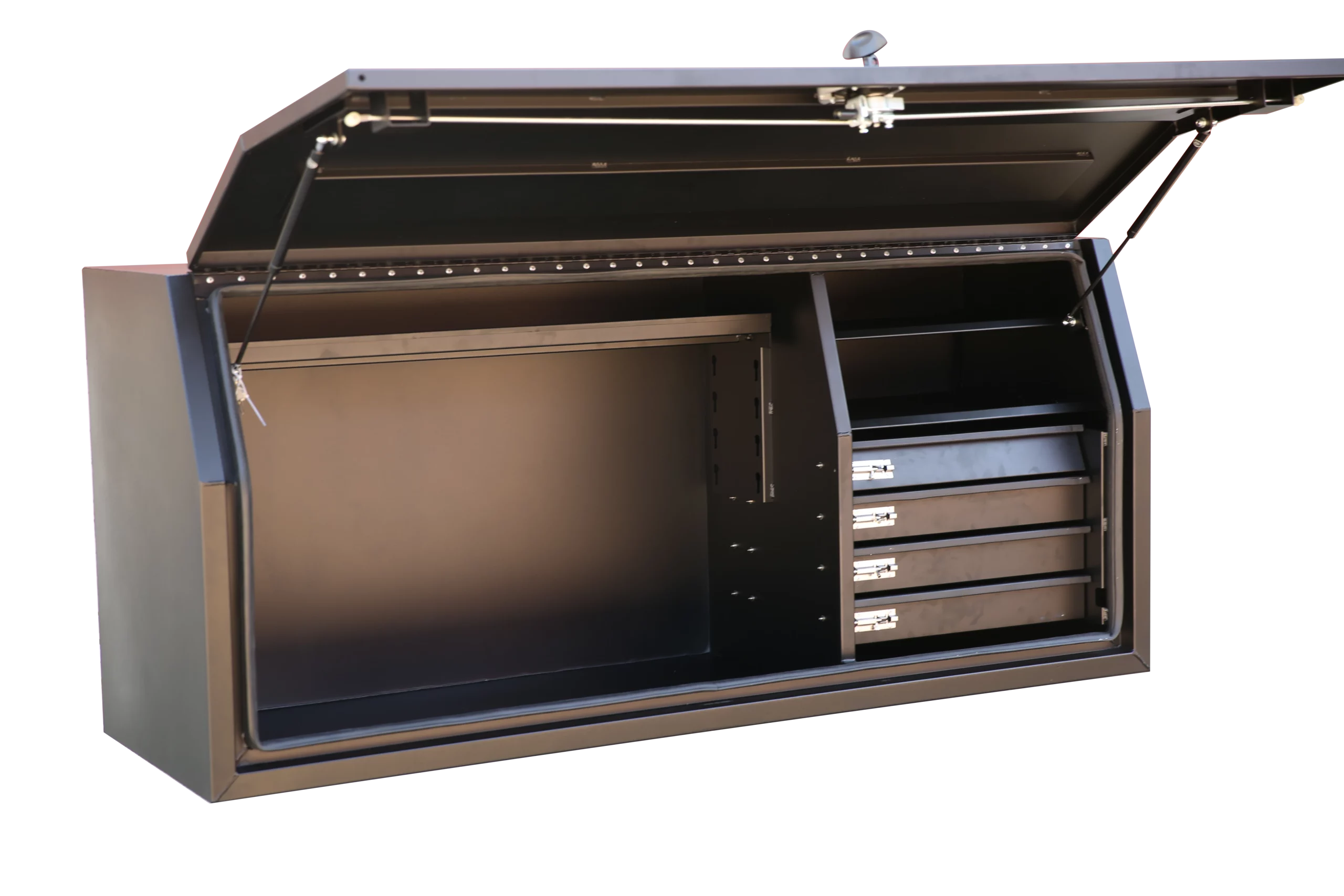 Heavy-duty alloy canopy with organised shelving system