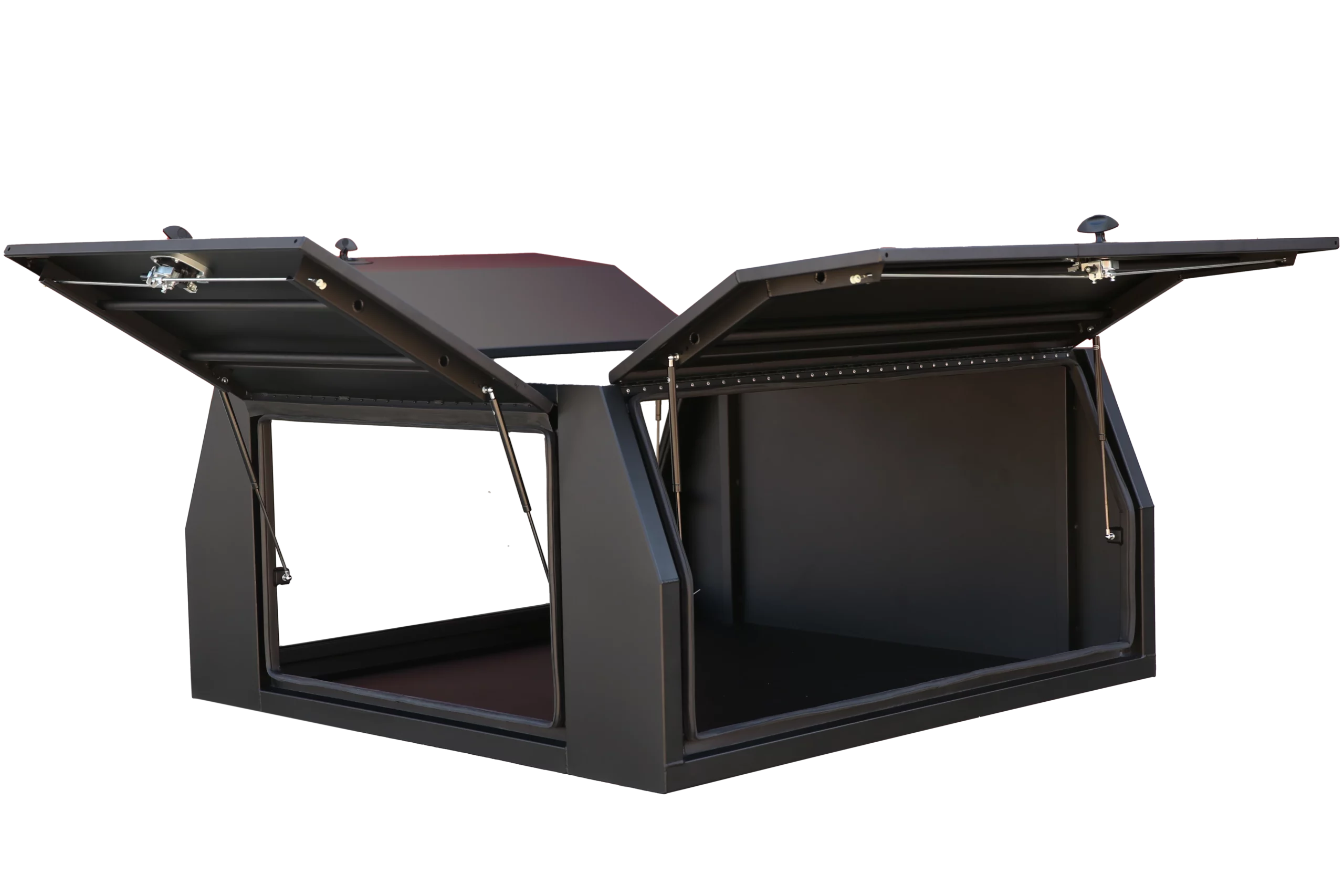 A black aluminium UTE canopy with its side and rear doors open upwards, showing the spacious interior design