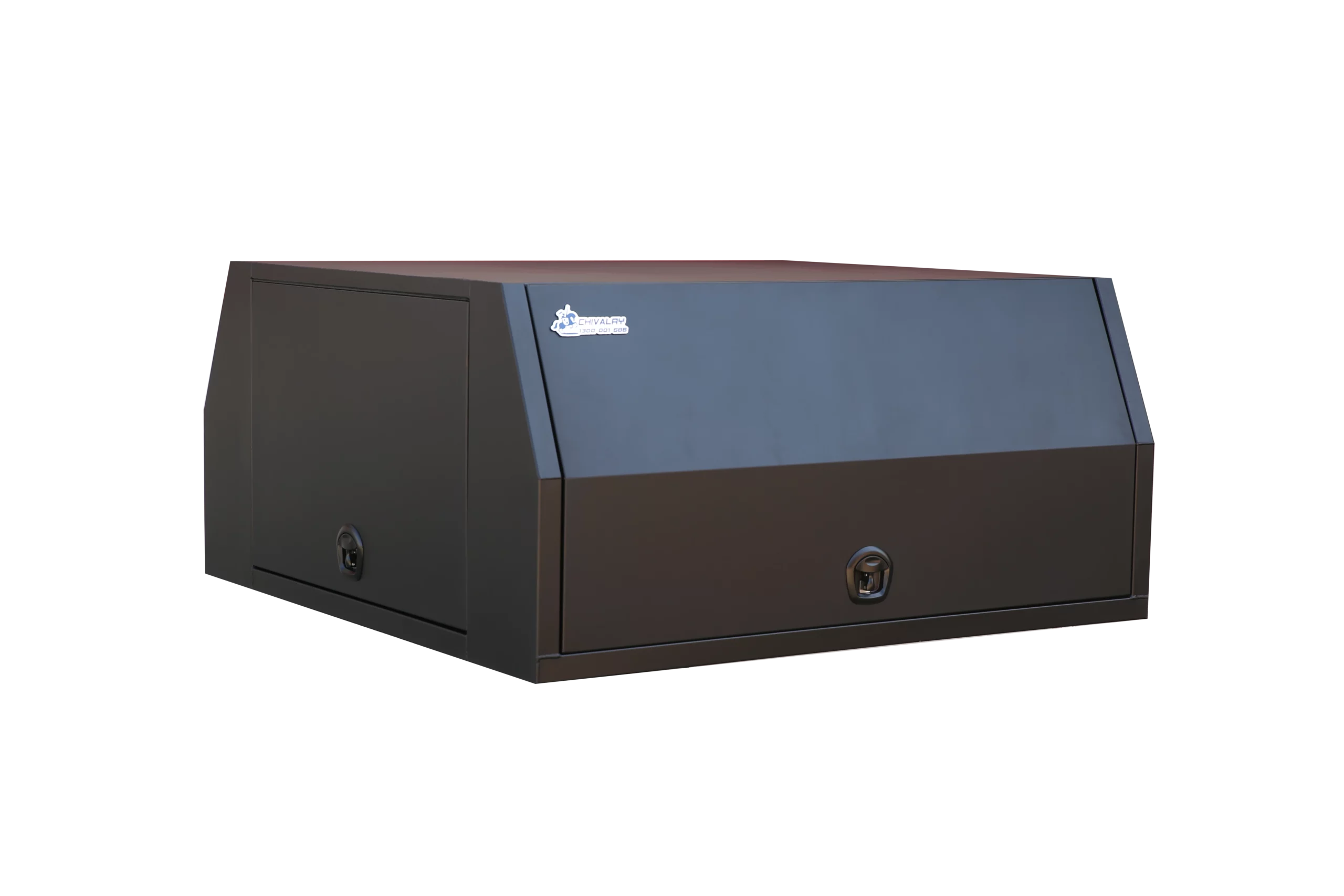 Three-door black UTE canopy with a sleek finish, designed for durability and secure storage on the back of a vehicle