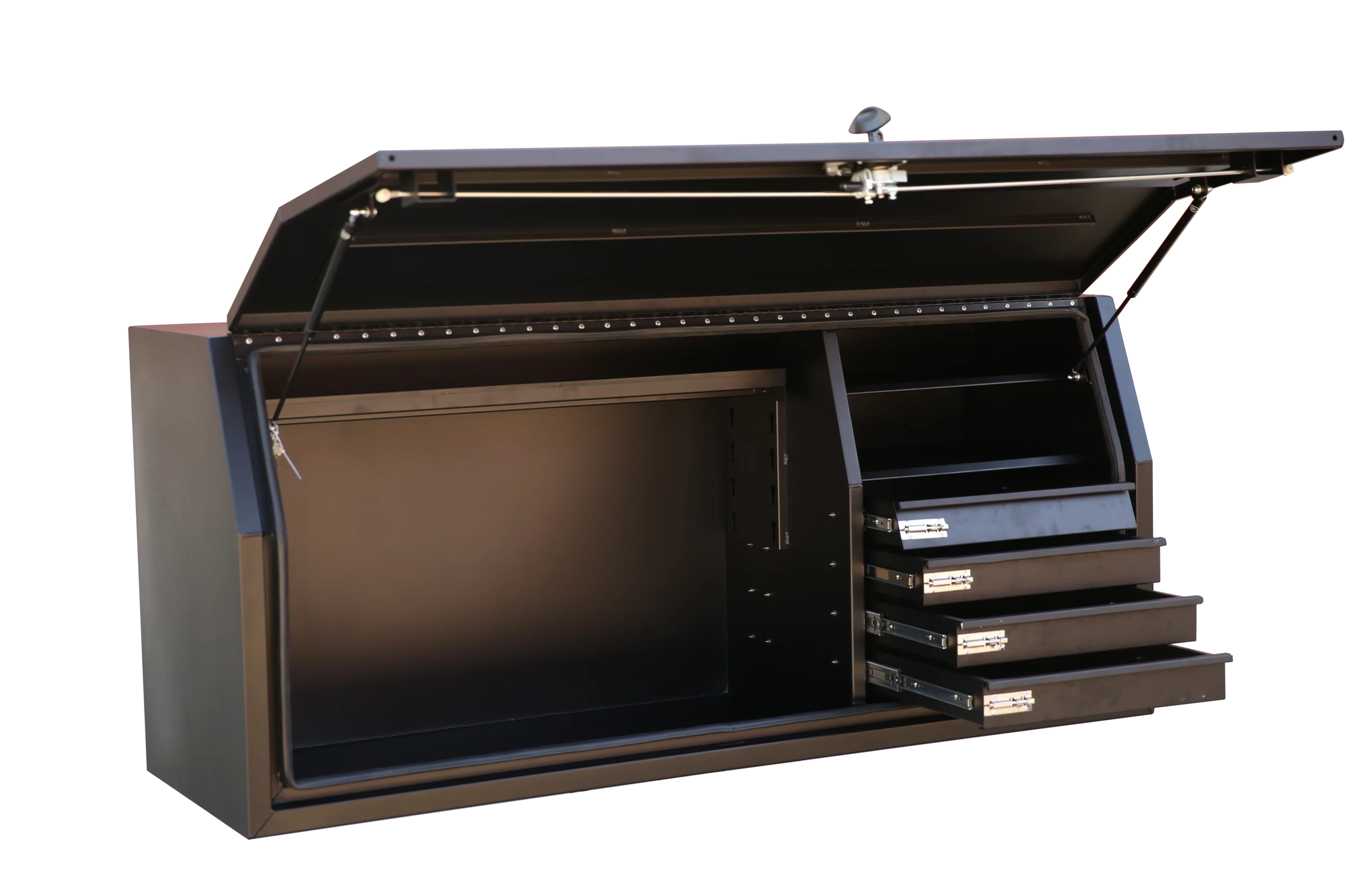 Powder-coated black toolbox featuring adjustable shelf and drawers