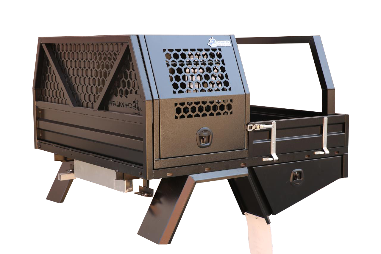 Chivalry aluminum dog box combo in black featuring hexagonal-patterned ventilation panels, secure compartments, and integrated storage drawers for utility vehicles