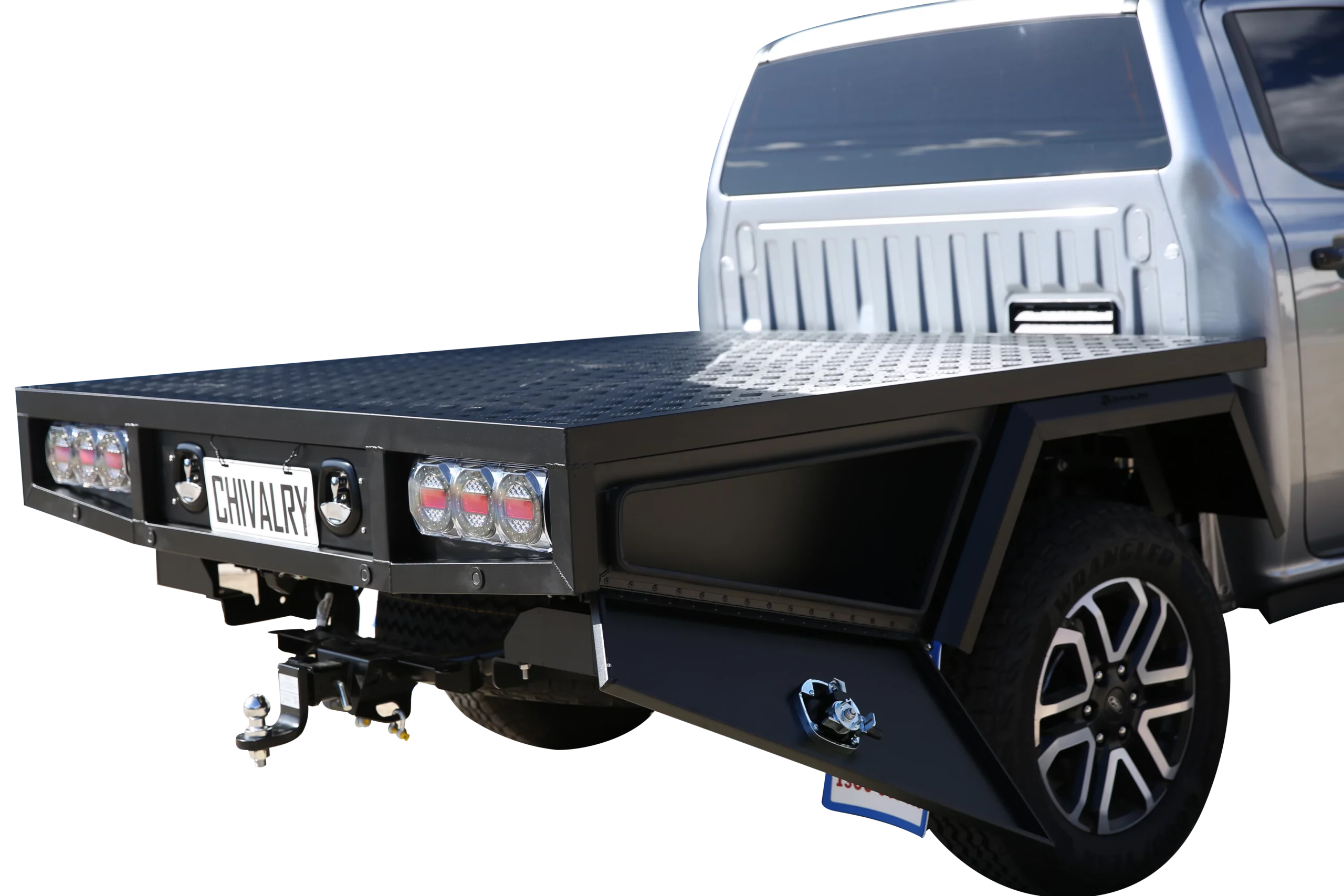 Powder-coated black tray with integrated under-tray toolboxes