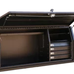 Black aluminium toolbox with top-opening lid and built-in drawers