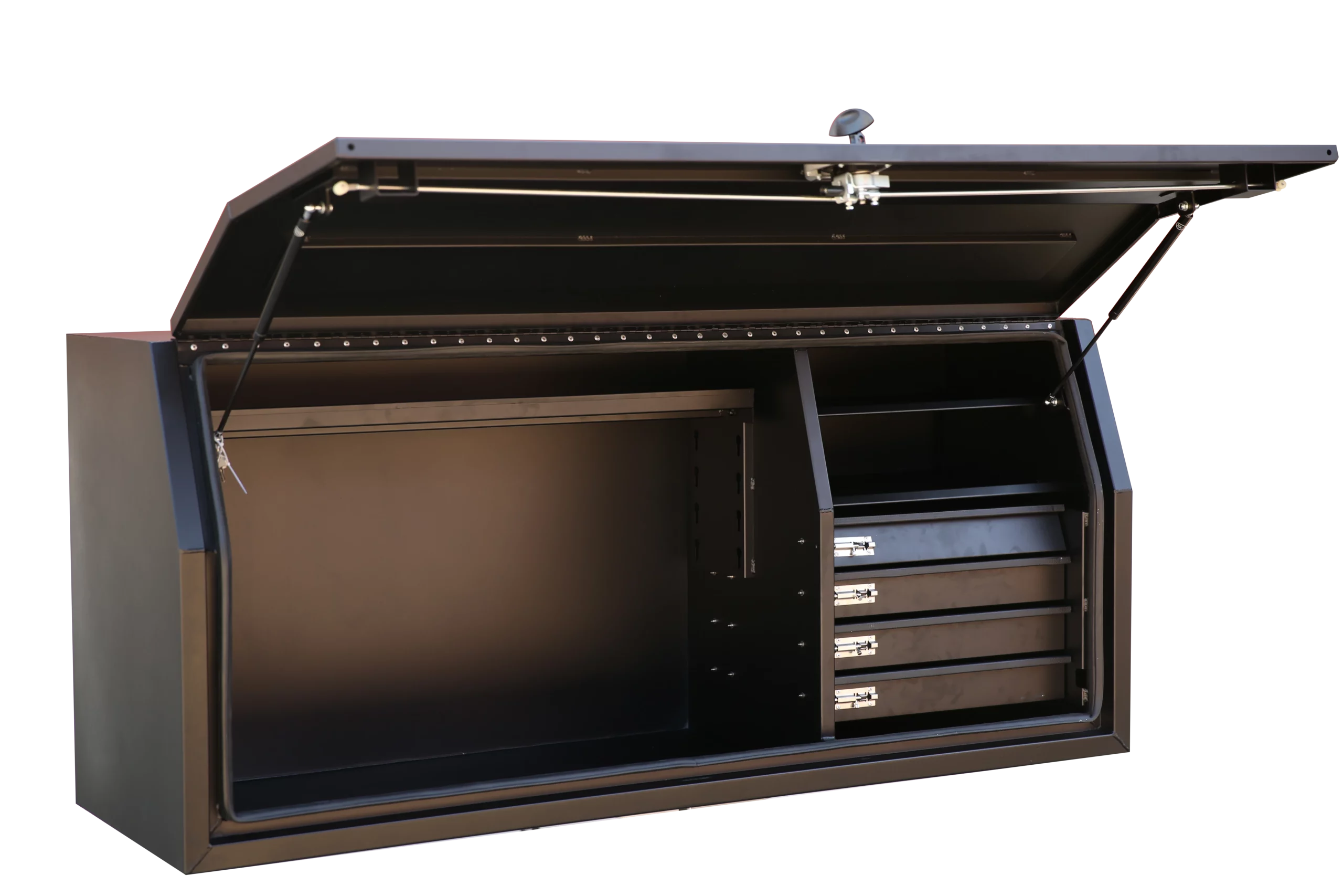 Black aluminium toolbox with top-opening lid and built-in drawers