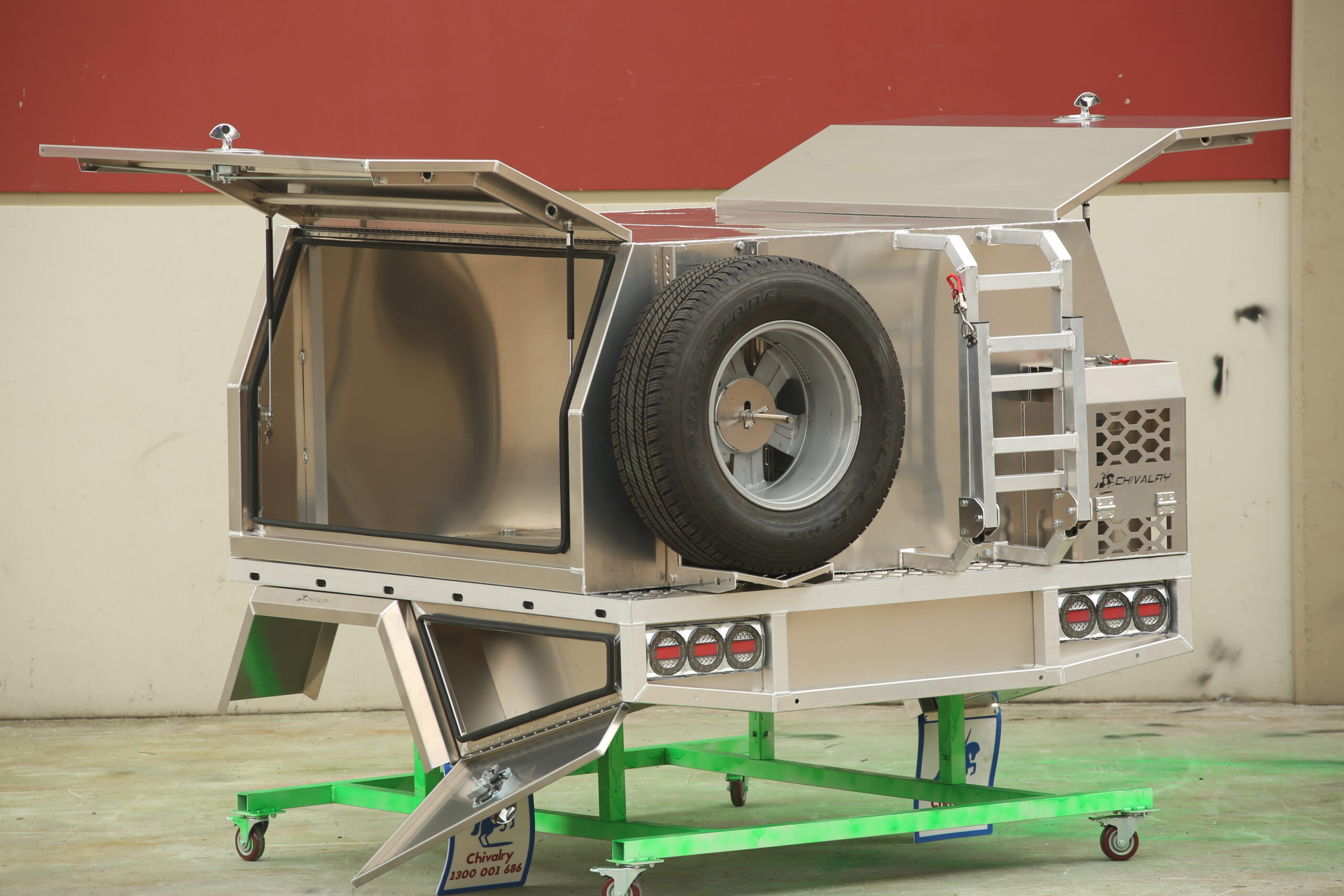 UTE canopy setup with rear ladder rack and under-tray toolboxes