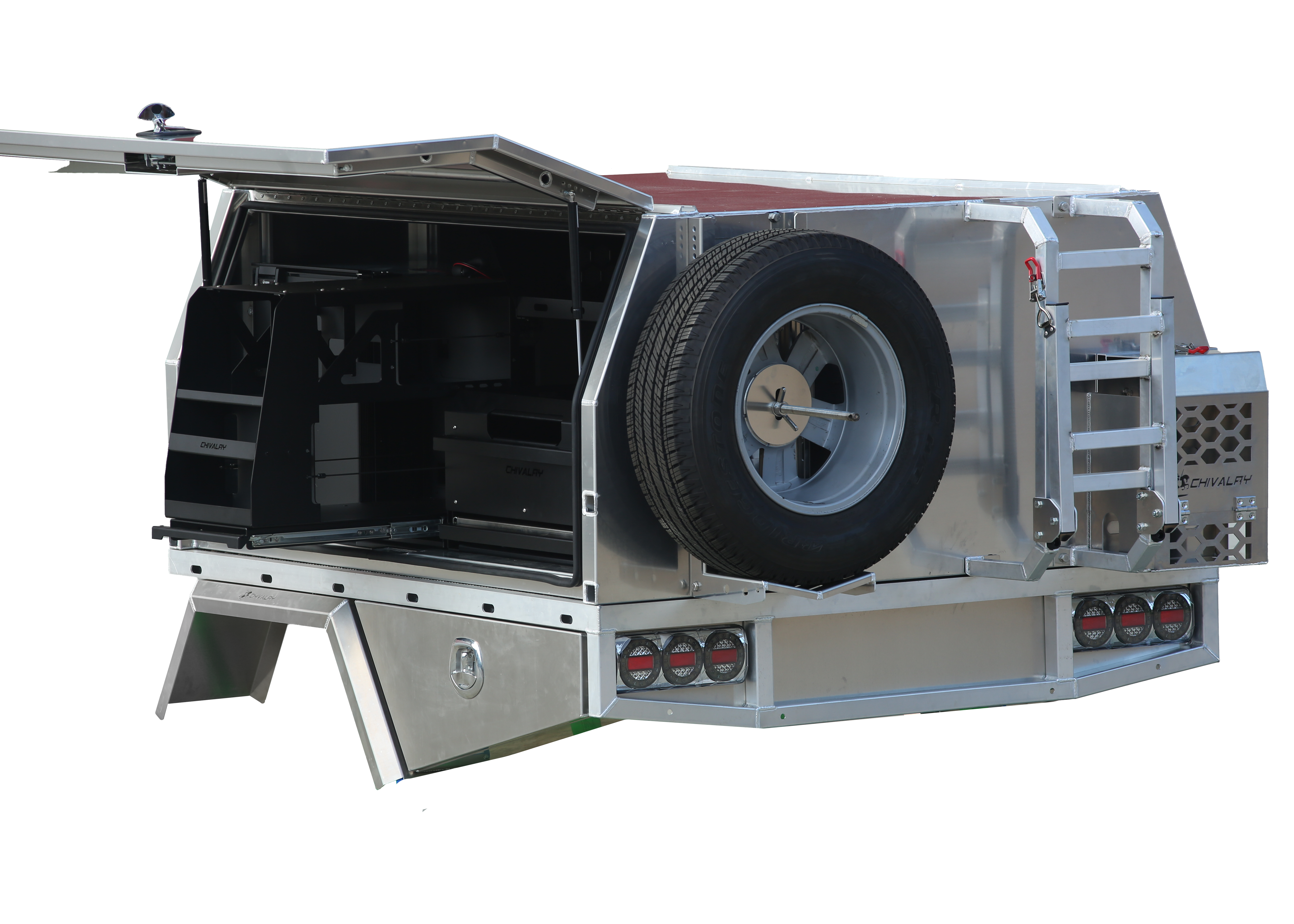 Heavy-duty UTE canopy featuring spare wheel holder and fold-down ladder rack
