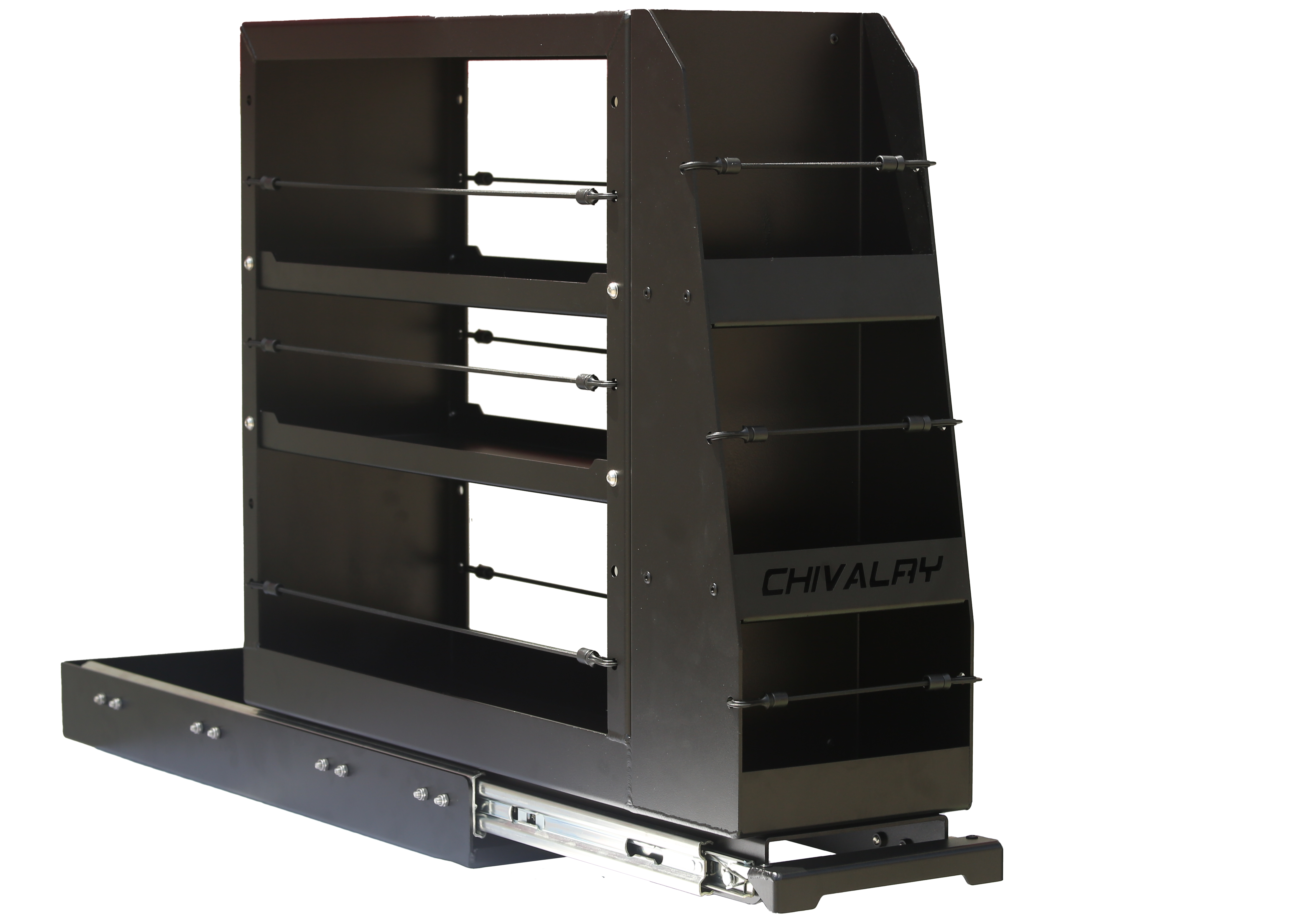 Black aluminium slide-out pantry drawer with shelving system