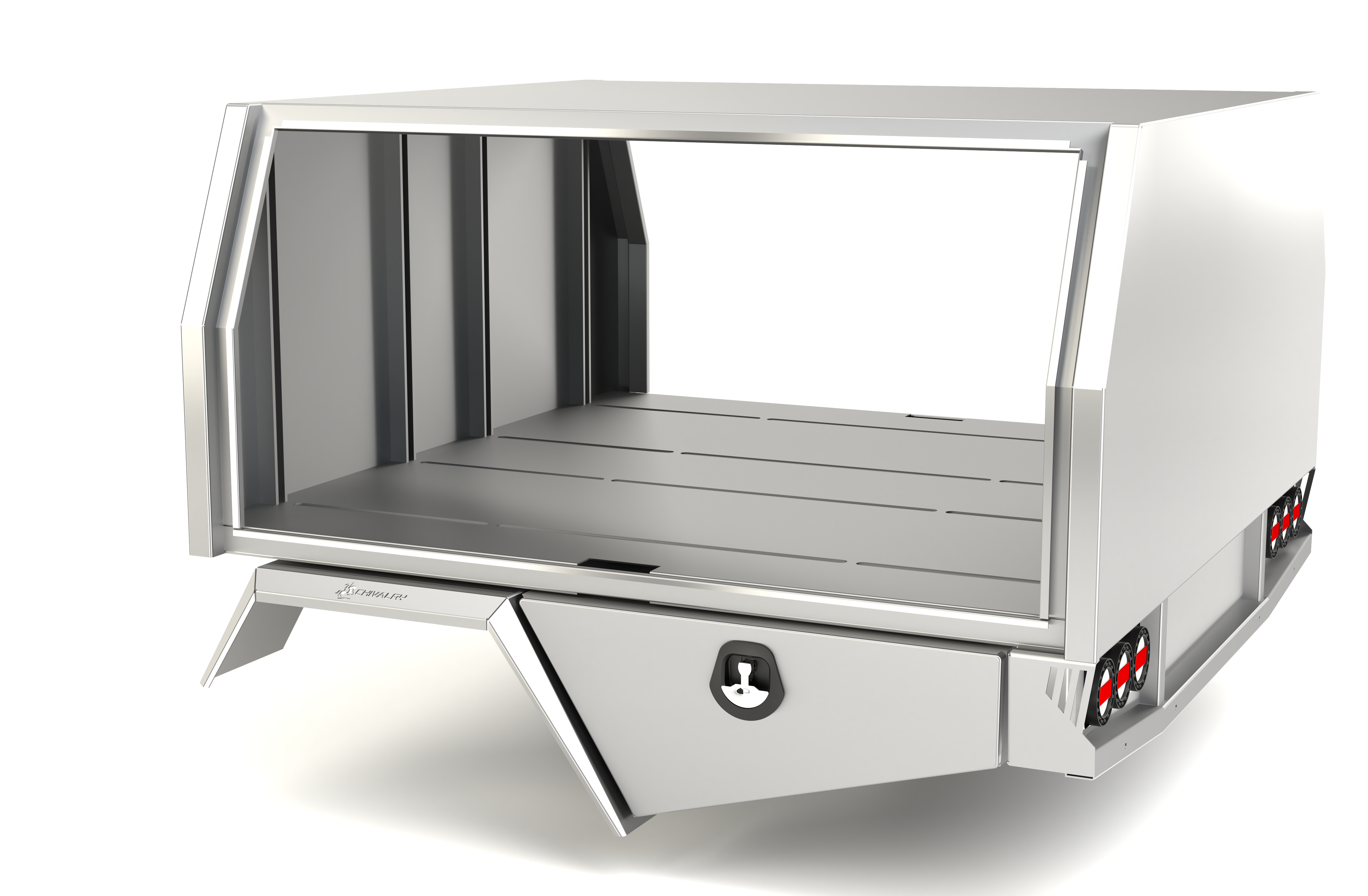 Bare metal alloy service body featuring unistrut flooring