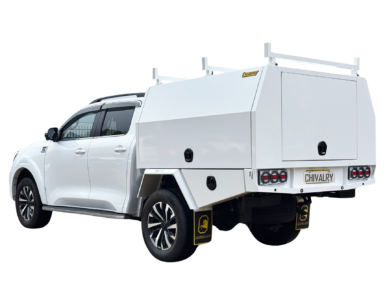 White aluminium canopy and tray with compact dual-door design