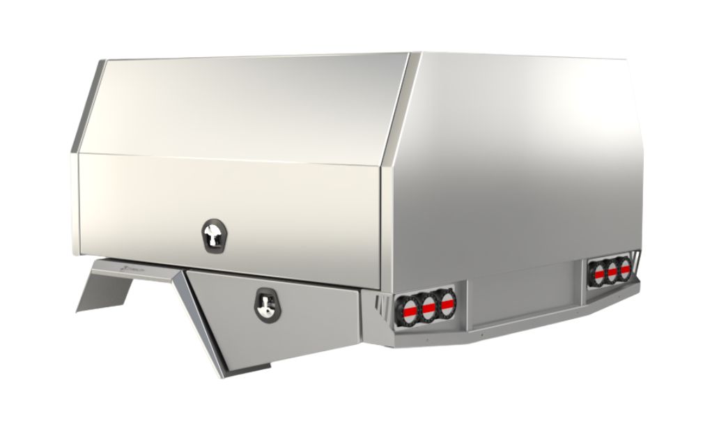 Heavy-duty raw aluminium service body designed for trade use