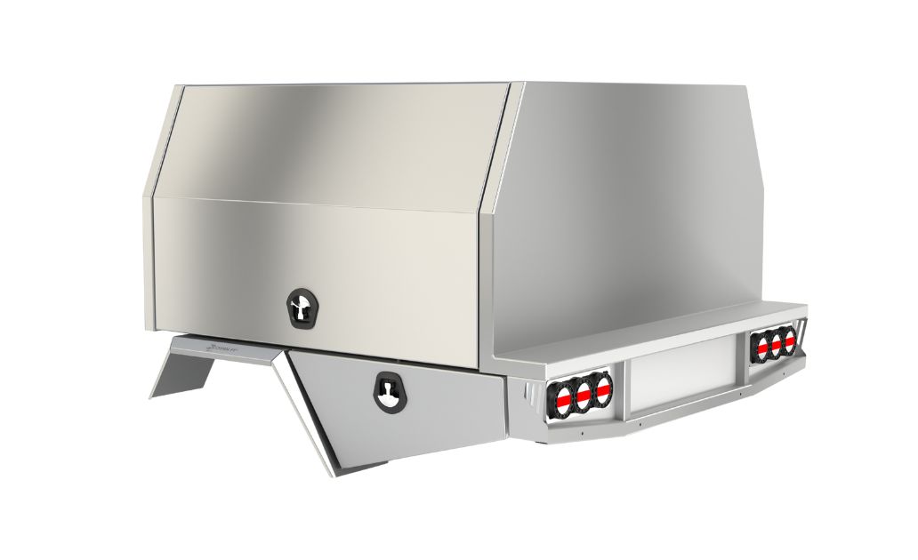 Two-door raw aluminium canopy with whale tail locks