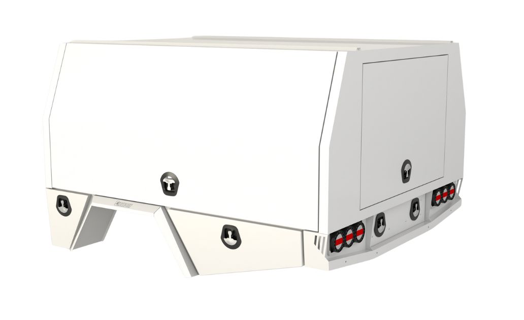 White aluminium service body with lockable side compartments